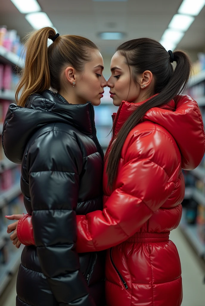  a slim ponytail 16 year old girl kissing the crotch of her bestie,beautiful detailed eyes,beautiful freckles,beautiful detailed lips,extremely detailed eyes and face,longeyelashes,in beautiful detailed hooded  formfitting duvetica overfilled shiny super gleamy super thick glossy fully-unzipped puffer jacket covering her zipped super padded skisuit,latex  stirrup legging,symmetrical,standing in a pufferstore,masterpiece,cinematic,lifelike,hyperrealistic,8k,photorealistic,highly detailed,intricate,exquisite,elegant,beautiful,stunning, head to toes photo