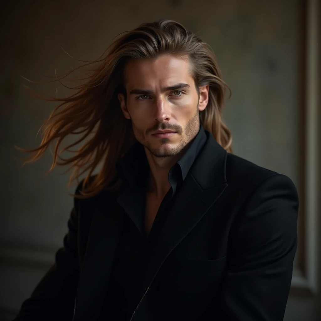 imagine a perfectly attractive 40 year old man. with a hypnotic beauty. Nordic man with flowing hair on his shoulder in an elegant black outfit in an enchanted atmosphere setting