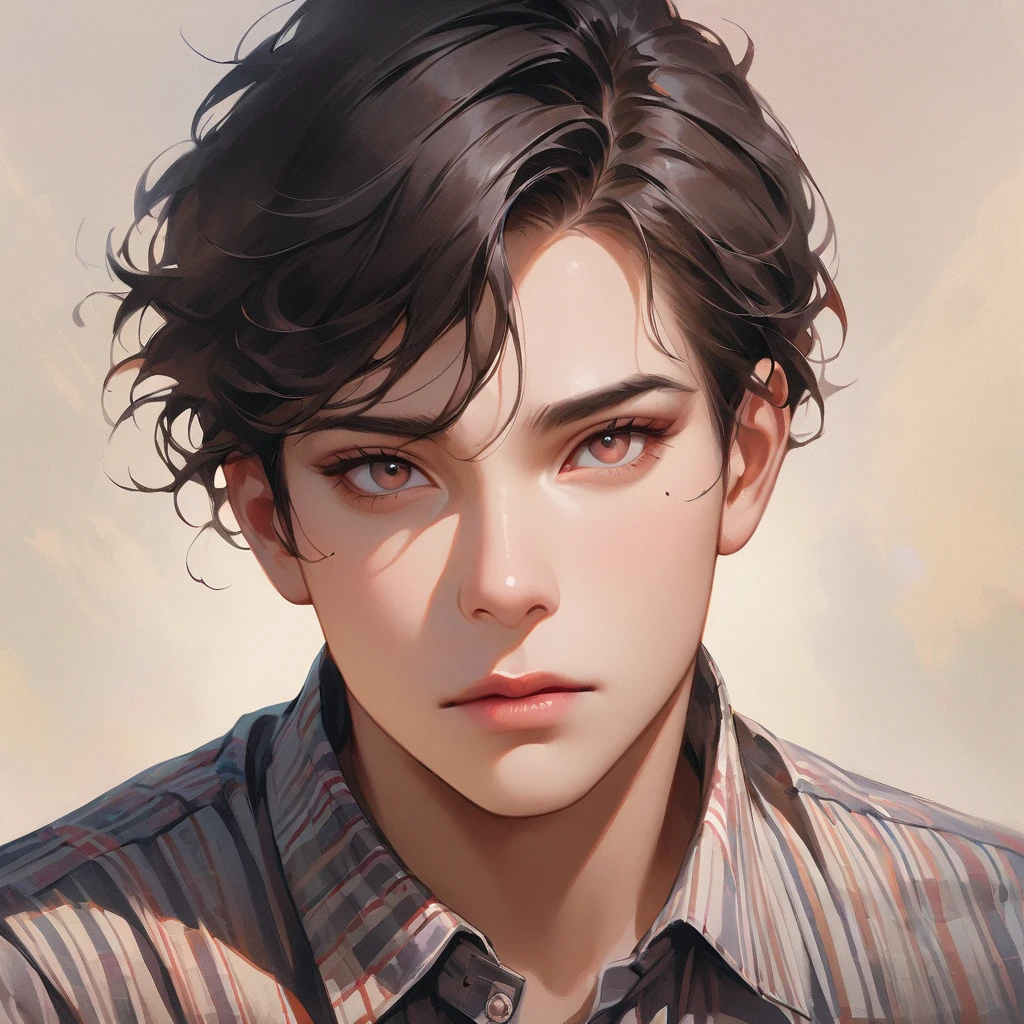 1boy, solo, male focus, shirt, realistic, black hair, looking at viewer, collared shirt, plaid shirt, upper body, mole, striped shirt, closed mouth, simple background, portrait, brown eyes, striped, black eyes