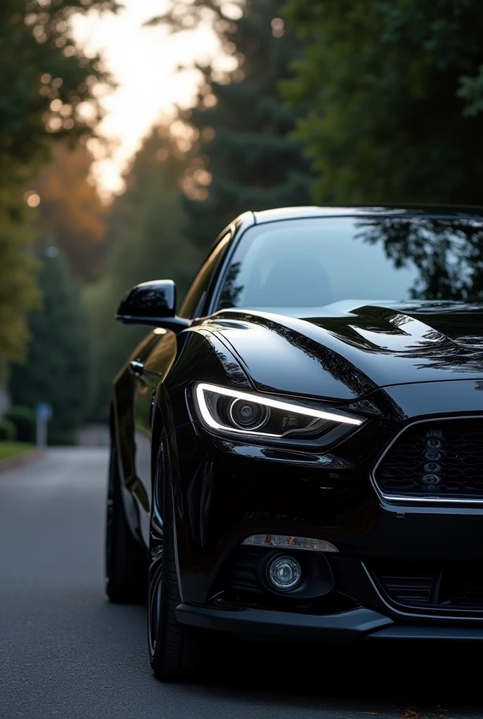 “A luxurious black car parked on a quiet, residential street. The car is shiny and well-maintained, with an air of high-end sophistication. The setting is dusk with soft, warm lighting.”