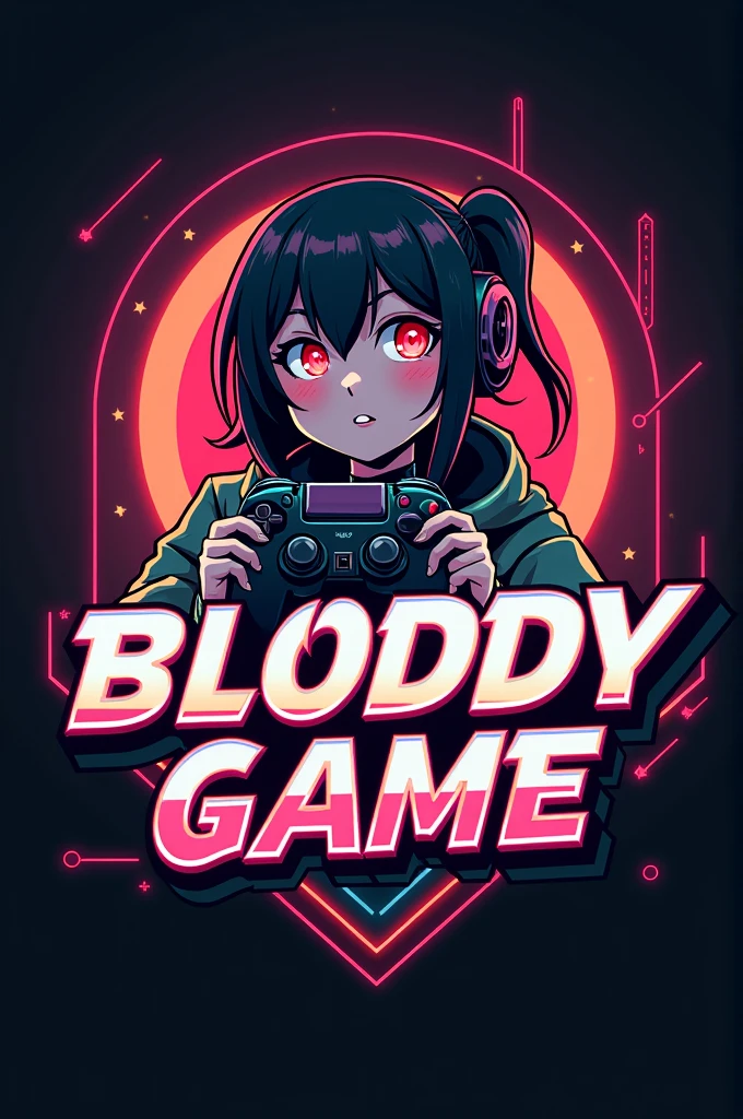 This is a gaming lege that features the name "BLODDY-GAME" in a futuristic font and a neon Golden color, and Boy Anime avtar, The lege also has a stylized controller icon. The logo is designed to be attractive and eye-catching, and to appeal to gaming enthusiasts and