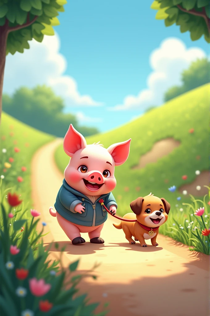 A pig walking a dog
