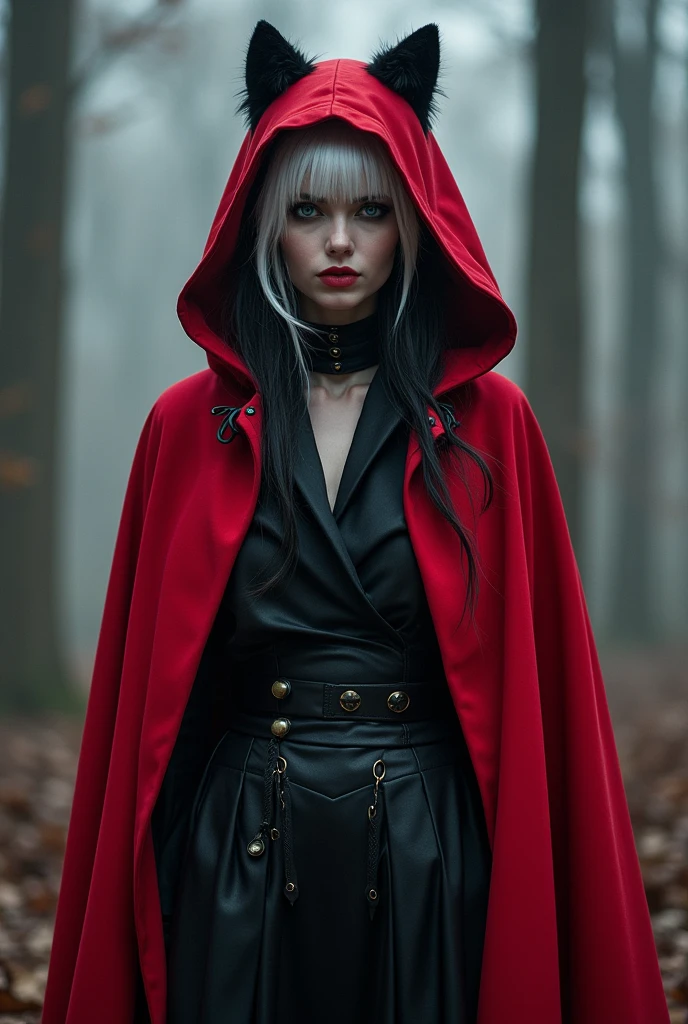 pale white skin blue eyes with black and white hair red cape and elegant gothic red clothes and wearing a wolf shaped hood