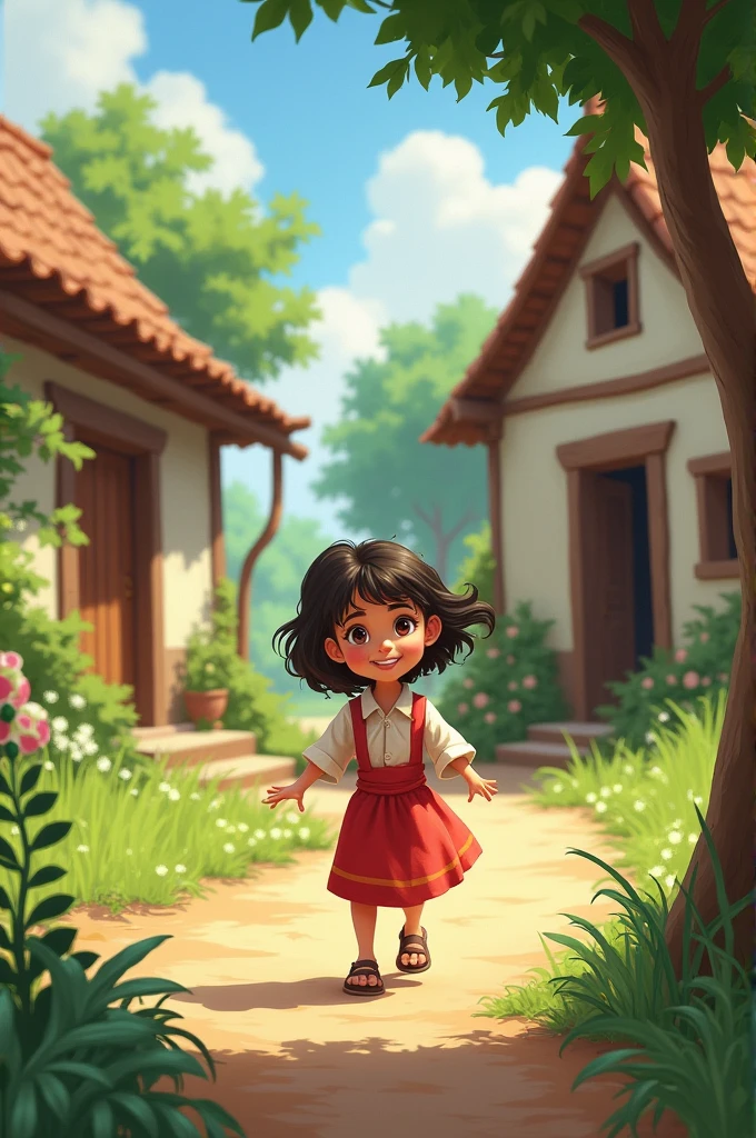 Rania is a girl who is playing in the yard of a house in a village.
