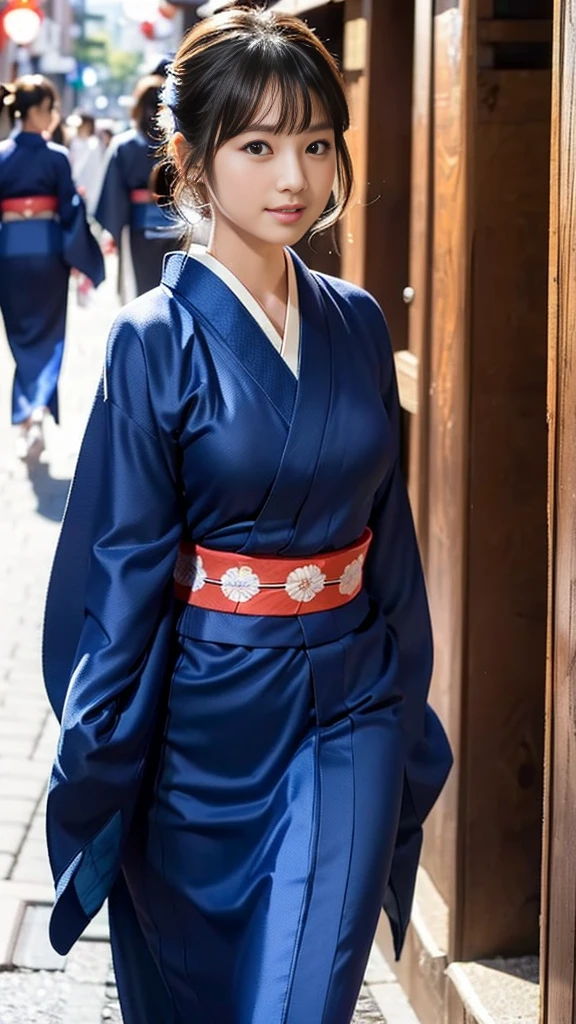 masterpiece, Highest quality，16K, Ultra-high resolution，The light and shadow of reality，Cinema Lenses，((Her waist is so slim and beautiful)),((High nose、Small Mouth)),((Clean and slim face line)),((Big dark eyes with long eyelashes)),((Very small face))((Very slim and beautiful arms)),((She is very thin and has a great figure)),((Pure white beautiful skin)),((Cute Japanese Girls)),(((Wearing a bright navy blue kimono、yukata))),((Walking the streets of Tokyo)),(Beautiful Eyes:1.1)，Reflecting clear eyes and a gentle smile,