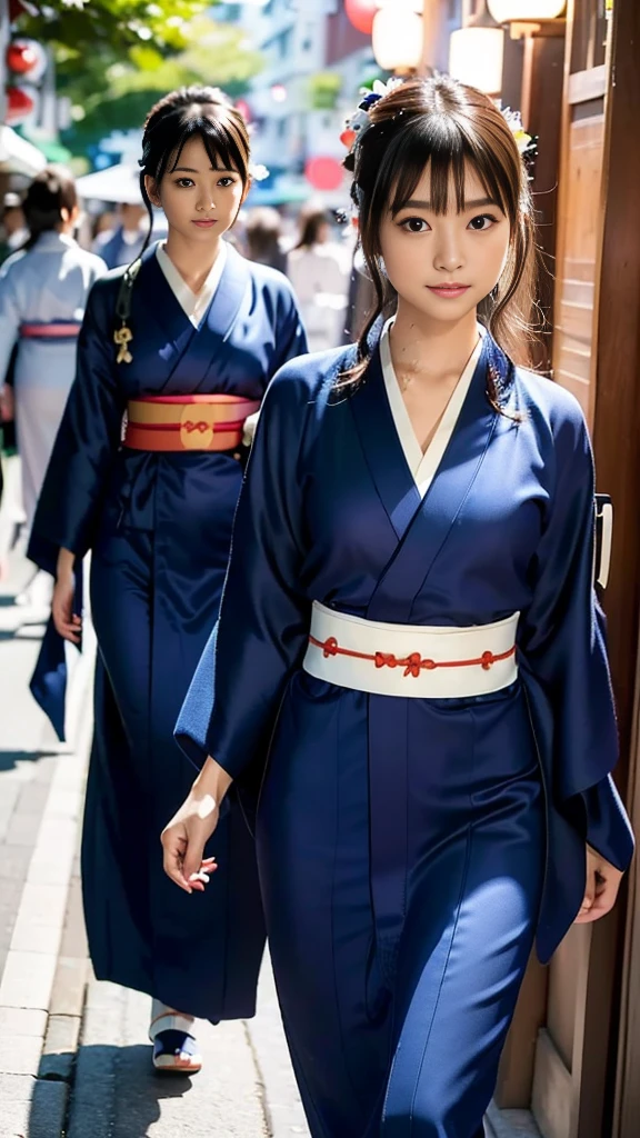 masterpiece, Highest quality,16K, Ultra-high resolution,The light and shadow of reality,Cinema Lenses,((Her waist is so slim and beautiful)),((High nose、Small Mouth)),((Clean and slim face line)),((Big dark eyes with long eyelashes)),((Very small face))((Very slim and beautiful arms)),((She is very thin and has a great figure)),((Pure white beautiful skin)),((Cute Japanese Girls)),(((Wearing a bright navy blue kimono、yukata))),((Walking the streets of Tokyo)),(Beautiful Eyes:1.1),Reflecting clear eyes and a gentle smile,