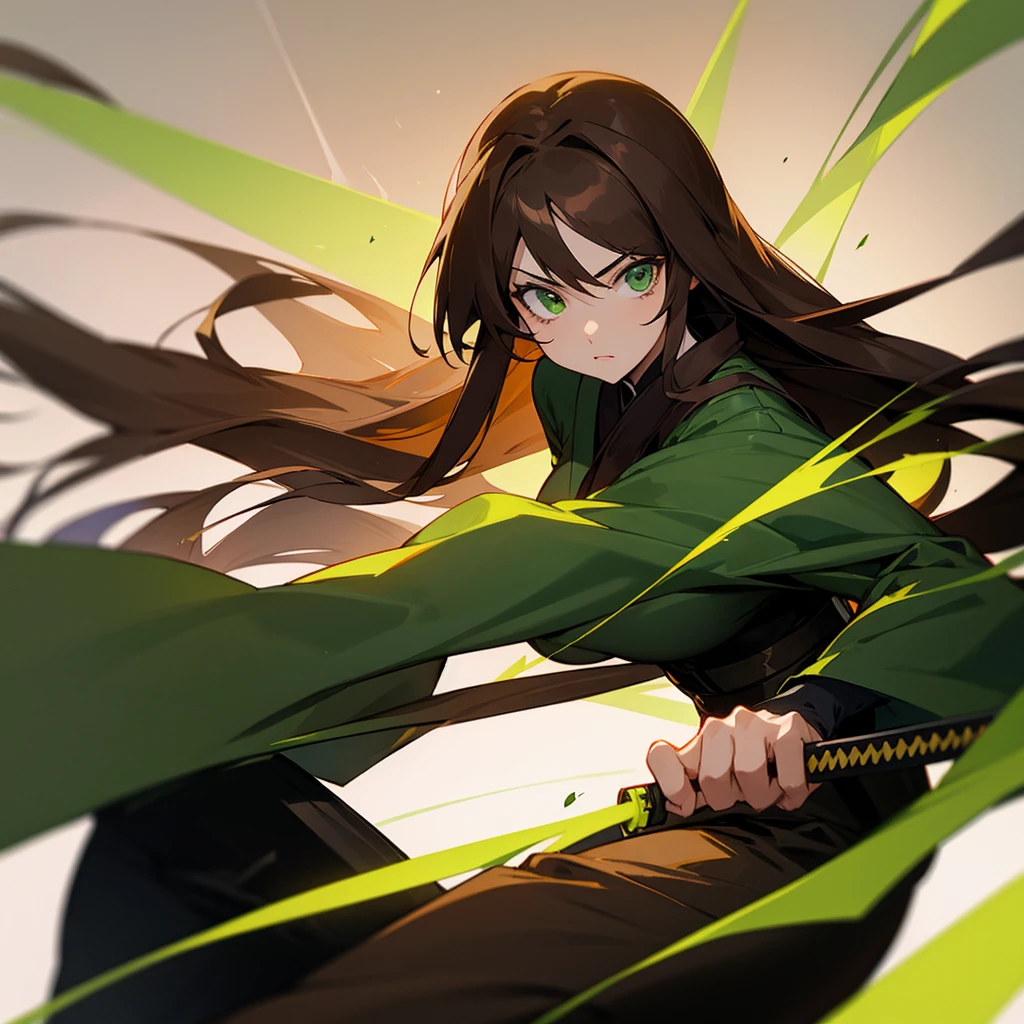 woman with long brown hair and green eyes and black clothes holding two katanas, Anime style