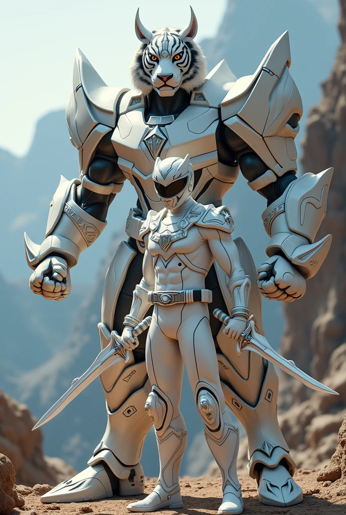 Power Ranger, White Tiger male ranger, full helmet, Full body suit + weapon dual blades dagger, with White Tiger zord