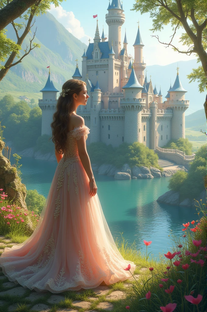 A princess looking at a castle in the enchanted kingdom