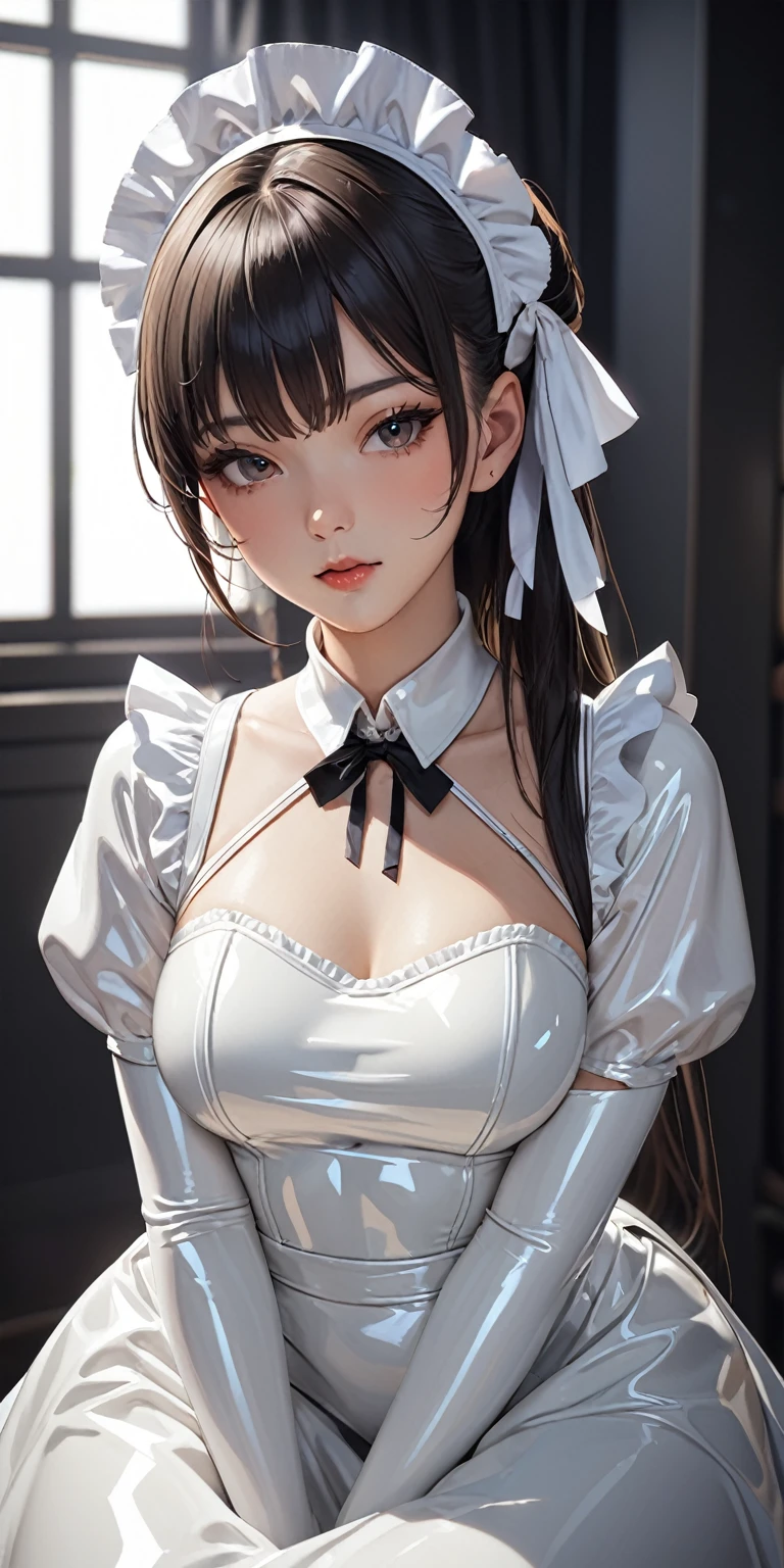 Solo, ((((Highly detailed face)))), Beautiful detail eyes, Body parts__, Ultra detailed, Beautiful and beautiful, Maid,Silky skin ,20 years old,Golden eyes,Brown girl,Best masterpiece, Original, Masterpiece, Ultra fine photography, Best quality, Ultra high definition, Realistic realism, Daylight, Dynamic pose, Vivid eyes, (from the front),Brown skin tone、Black hair、Detailed body、Maid clothes, Blue ribbon on neck, headband, normal breasts, always detailed skin, realistic skin details, visible hair, 8k, digital, high quality, film grain, beautiful skin, translucent, summer, full body, maid, energetic, disheveled hair,