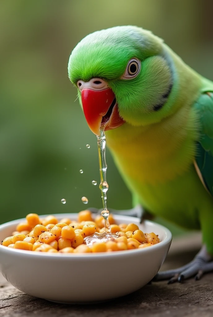 Let a parakeet drink water from its food and eat food