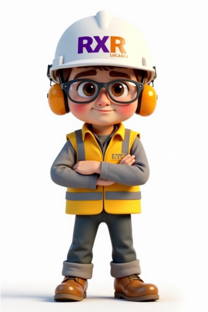 Pixar-style image of a 30-year-old construction worker. The character has fair skin, large and expressive brown eyes. He is wearing a white helmet with the 'RXR Locações' logo, which features bold purple and orange letters. The character also has clear safety glasses and ear protection. He is dressed in a yellow high-visibility vest with reflective stripes over a gray long-sleeved shirt, gray pants with reflective stripes and safety boots. The overall layout is simple, with the character centered on a plain white background.