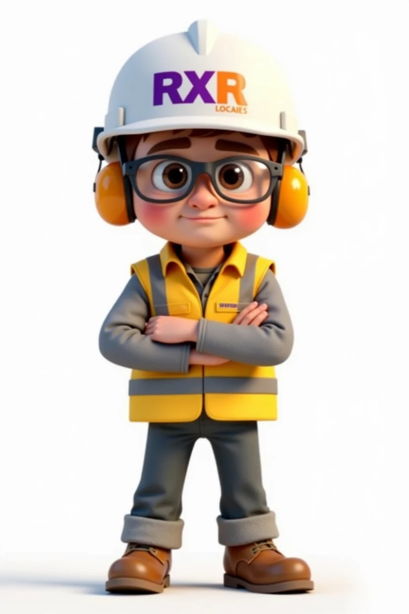 Pixar-style image of a 30-year-old construction worker. The character has fair skin, large and expressive brown eyes. He is wearing a white helmet with the 'RXR Locações' logo, which features bold purple and orange letters. The character also has clear safety glasses and ear protection. He is dressed in a yellow high-visibility vest with reflective stripes over a gray long-sleeved shirt, gray pants with reflective stripes and safety boots. The overall layout is simple, with the character centered on a plain white background.