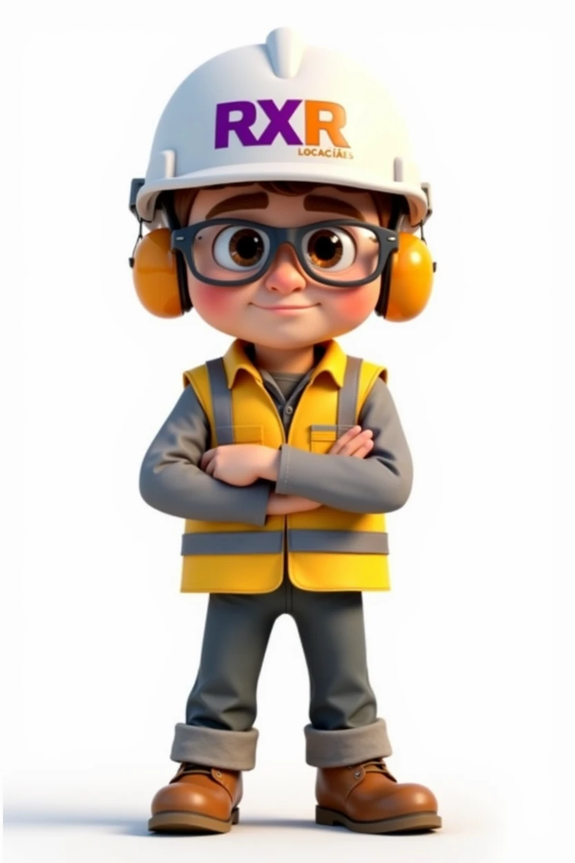 Pixar-style image of a 30-year-old construction worker. The character has fair skin, large and expressive brown eyes. He is wearing a white helmet with the 'RXR Locações' logo, which features bold purple and orange letters. The character also has clear safety glasses and ear protection. He is dressed in a yellow high-visibility vest with reflective stripes over a gray long-sleeved shirt, gray pants with reflective stripes and safety boots. The overall layout is simple, with the character centered on a plain white background.