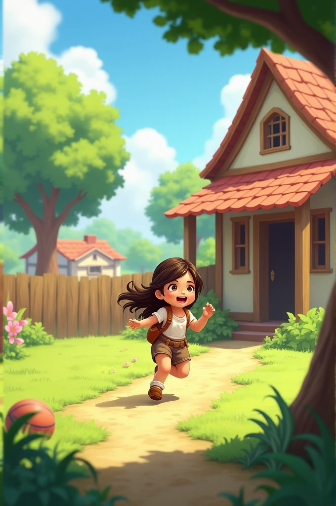 Rania is a girl who is playing in the yard of a house in a village.