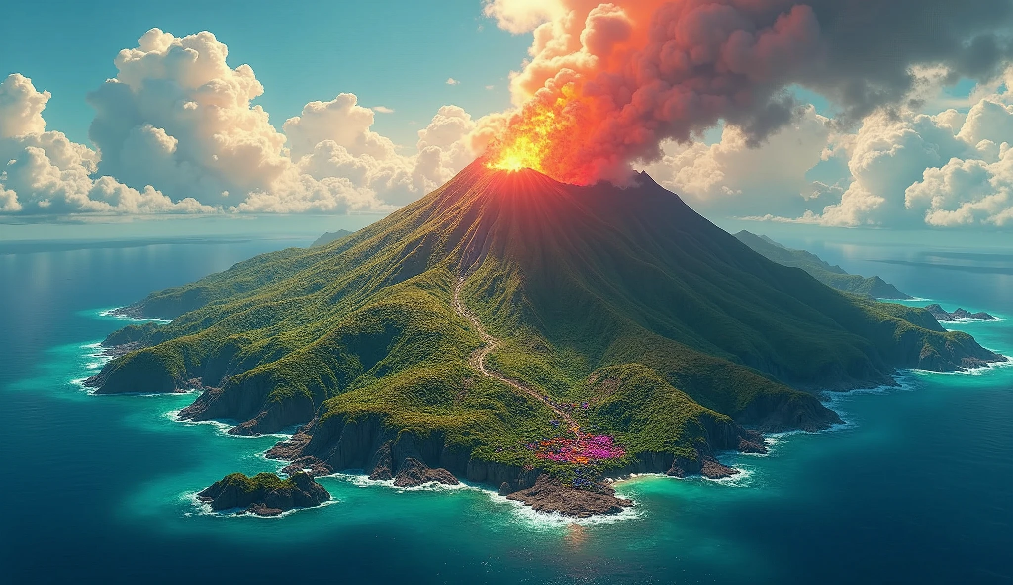 "Imagine a breathtaking drone shot of a vibrant volcanic island, where the lush greenery contrasts sharply with the fiery reds and oranges of the erupting volcano. The sky is a canvas of dramatic clouds, swirling in shades of purple and pink, illuminated by the golden rays of the setting sun. Below, the turquoise waters reflect the vivid colors of the sky, while the island's rugged terrain is dotted with colorful flowers and exotic plants, creating a fantastical landscape. The scene is alive with energy, capturing the essence of an anime world filled with adventure and beauty."