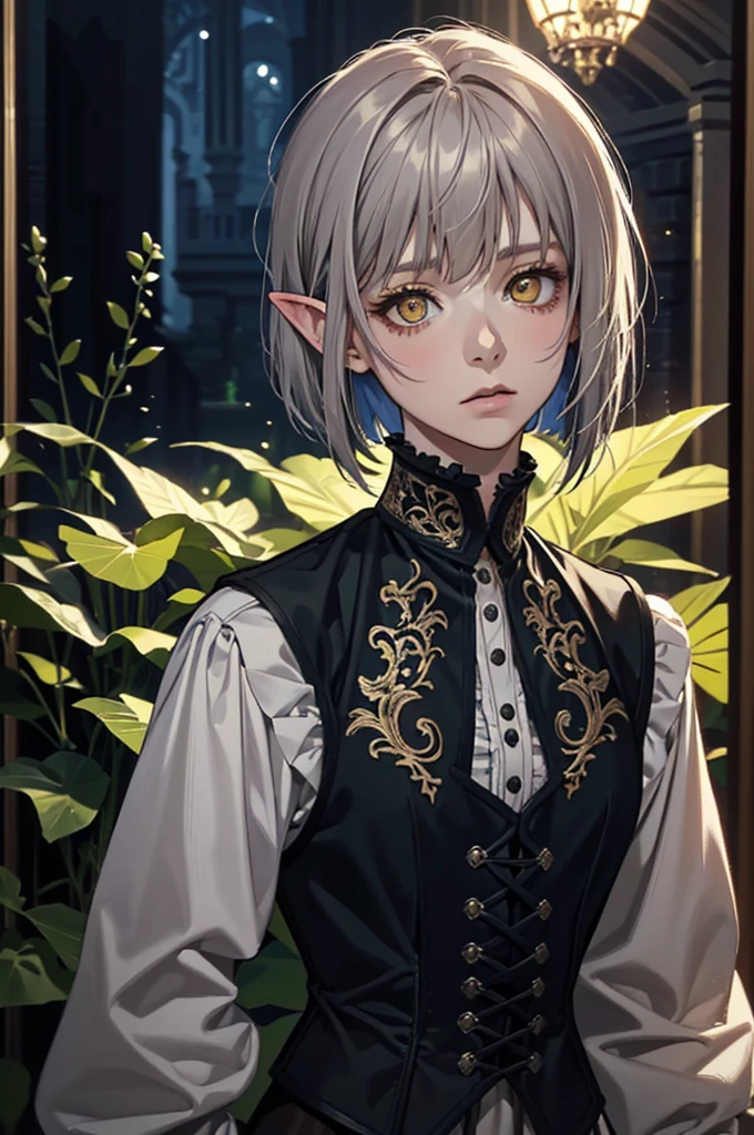 (absurdres, highres, ultra detailed), (portrait, solo, 1girl :1.5 ), (frown:1.1), woman, (elven ears:1.2), (yellow eyes:1.3), (thin, skinny, girl with long bob cut, straight hair :1.4) , (grey hair:1.3) , beautiful girl , (adventurer outfit, fantasy outfit, brown and black outfit, biege blouse, corset vest, :1.4), fantasy outfit, adventurer outfit, , finely detailed eyes and detailed face, the fool \tarot\, bard, clown, Symbolism, Visual art, Occult, Universal, Vision casting, Philosophical, Iconography, Numerology, Popularity, Artistic, Alfons Mucha