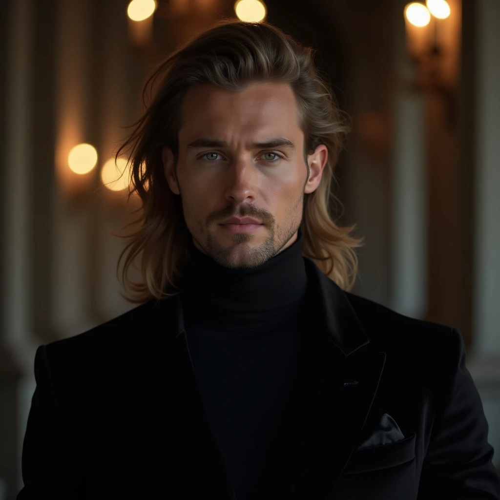 imagine a perfectly attractive 40 year old man. with a hypnotic beauty. Nordic man with flowing hair on his shoulder in an elegant black outfit in an enchanted atmosphere setting