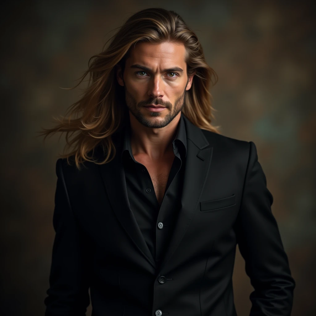 imagine a perfectly attractive 40 year old man. with a hypnotic beauty. Nordic man with flowing hair on his shoulder in an elegant black outfit in an enchanted atmosphere setting