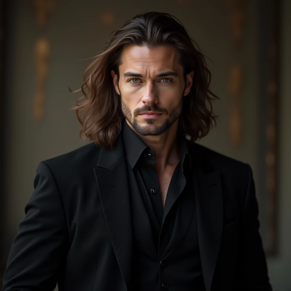 imagine a perfectly attractive 40 year old man. with a hypnotic beauty. Nordic man with flowing hair on his shoulder in an elegant black outfit in an enchanted atmosphere setting
