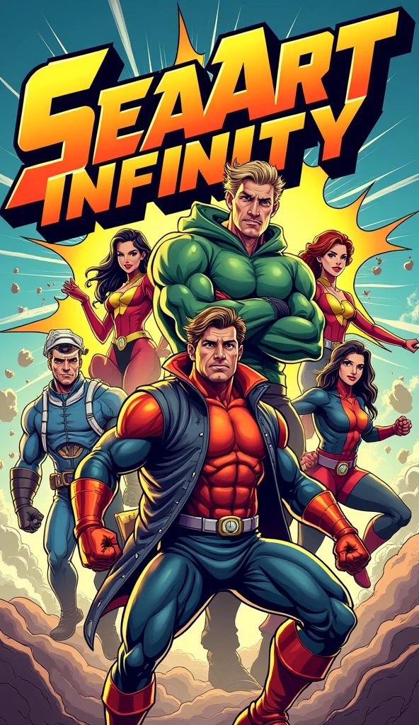Design a comic book cover-style poster using 'SeaArt Infinity.' The image should feature dynamic, exaggerated characters in action poses, with bold, vibrant colors and thick black outlines. The title 'SeaArt Infinity' should be stylized in a retro comic font, placed prominently at the top with a burst effect behind it. Add a tagline at the bottom, such as 'Unleash Your Inner Hero,' in a playful, comic-style font. (Comic book style, high energy, vibrant colors, 8K quality).