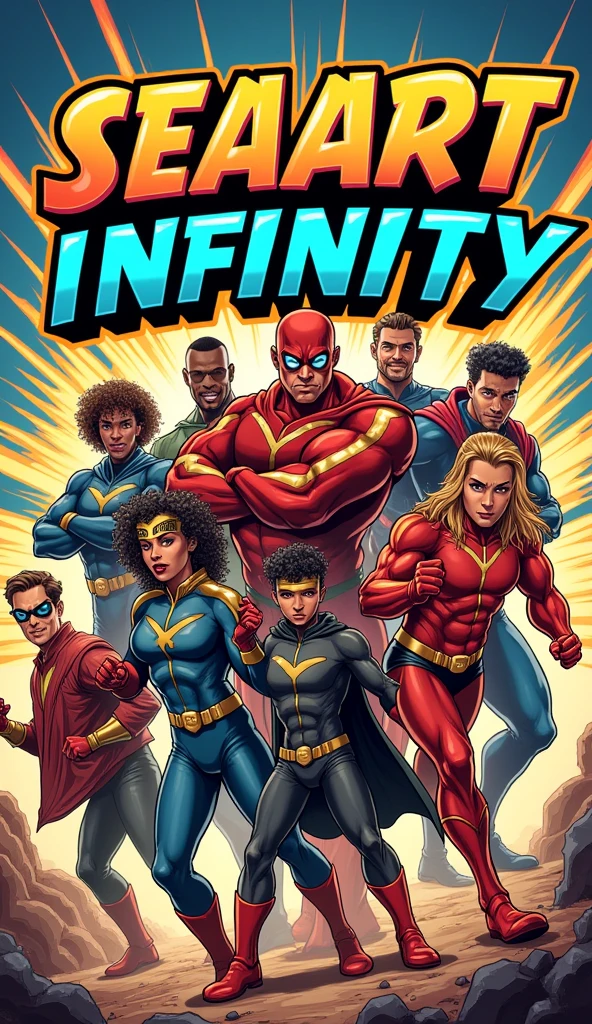 Design a comic book cover-style poster using 'SeaArt Infinity.' The image should feature dynamic, exaggerated characters in action poses, with bold, vibrant colors and thick black outlines. The title 'SeaArt Infinity' should be stylized in a retro comic font, placed prominently at the top with a burst effect behind it. Add a tagline at the bottom, such as 'Unleash Your Inner Hero,' in a playful, comic-style font. (Comic book style, high energy, vibrant colors, 8K quality).