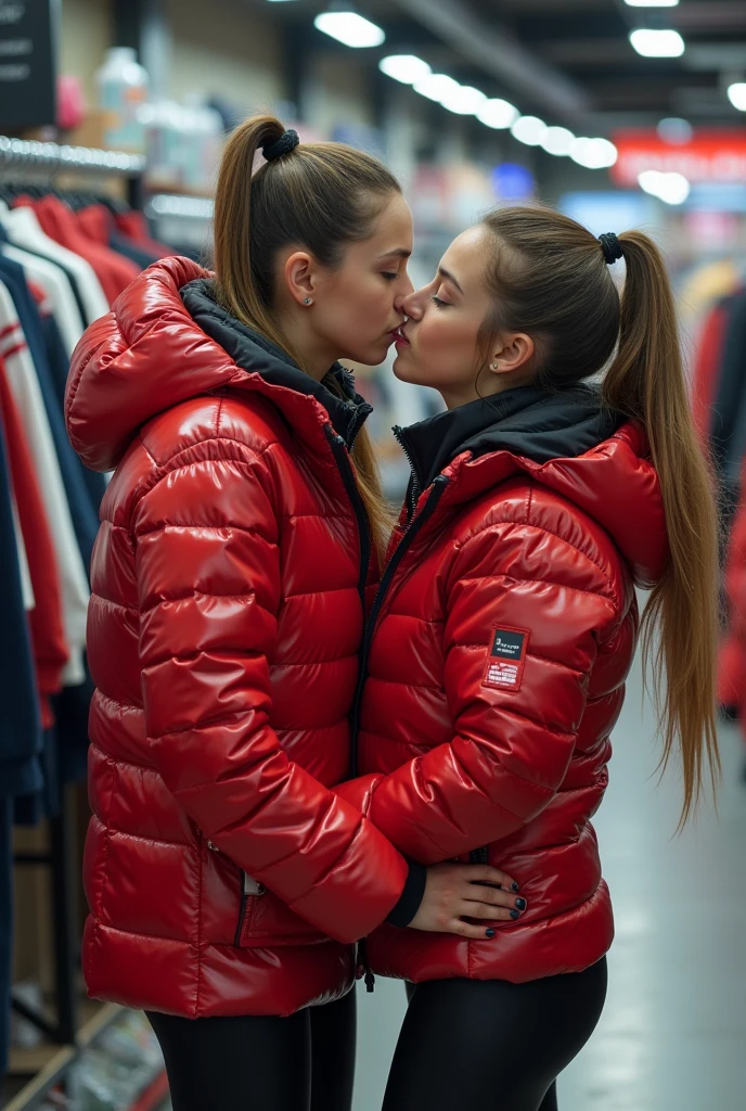  a slim ponytail  girl kissing crotch of her bestie,beautiful detailed eyes,beautiful freckles,beautiful detailed lips,extremely detailed eyes and face,longeyelashes,in beautiful detailed hooded  formfitting duvetica overfilled shiny super gleamy super thick glossy fully-unzipped puffer jacket covering her zipped super padded skisuit,latex  stirrup legging,symmetrical,standing in a pufferstore,masterpiece,cinematic,lifelike,hyperrealistic,8k,photorealistic,highly detailed,intricate,exquisite,elegant,beautiful,stunning, head to toes photo