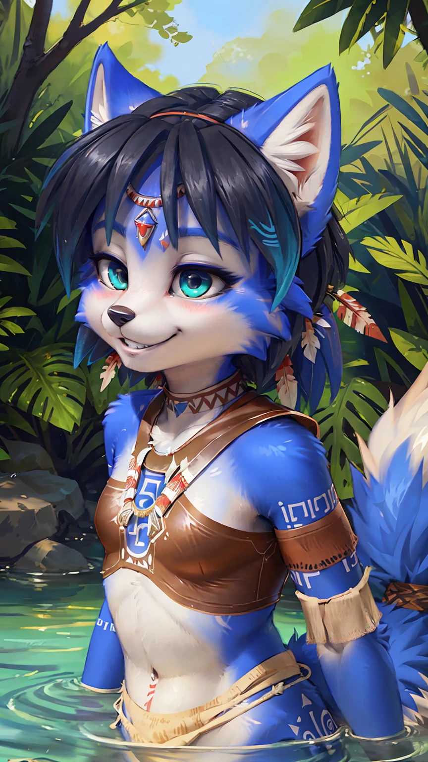 A beautiful and detailed (sweet picture) wa ((krystal)), Star Fox Krystal, sslim, lovable, green eyes, medium breasts, (((Long blue hair 1.3))), ((Tips for black hair)), Decollete, grin, look up,, anthro, furry, Uploaded E621, detailed fluffy fur, (wa Fluff-Kevlar, Bayard Wu, personalize me, Pino Daeni), detailed face, (fluffy), 1 girl, alone, (((Tribal clothing:1.3))), ((leather breastplate)), sweet girl, alone, swims in the river, dive, underwater