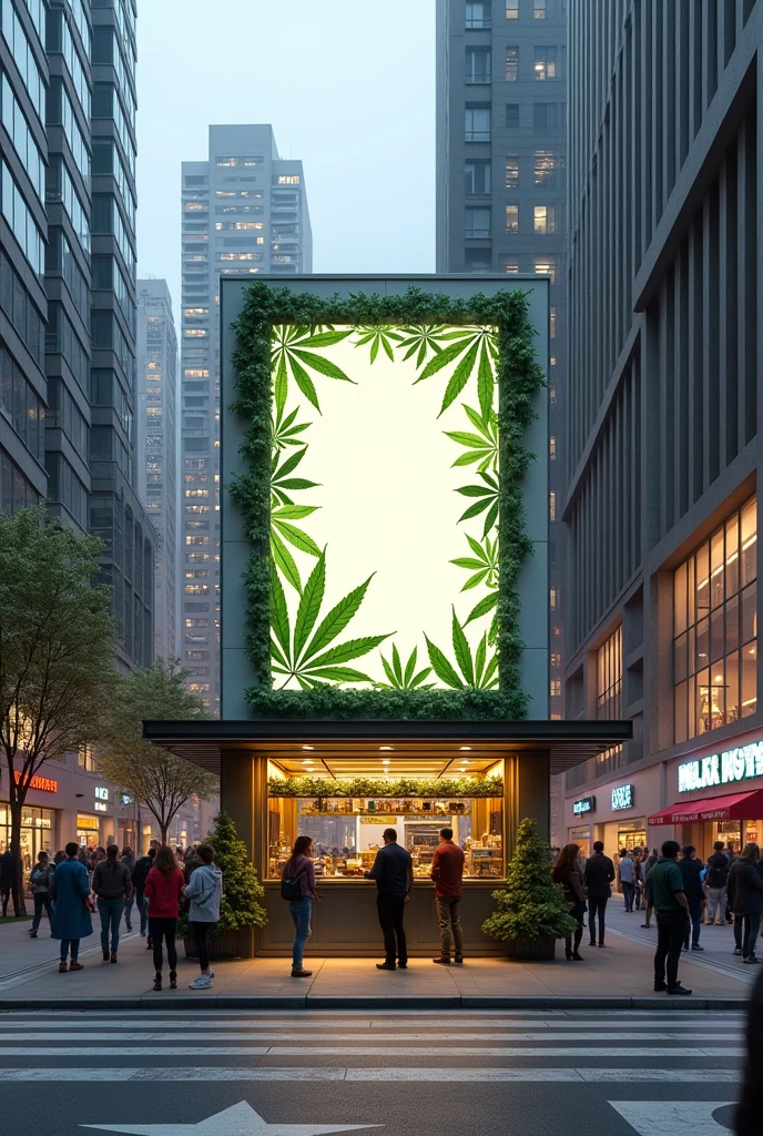 Create a picture of a kiosk in the city center with a blank sign on the wall with cannabis design