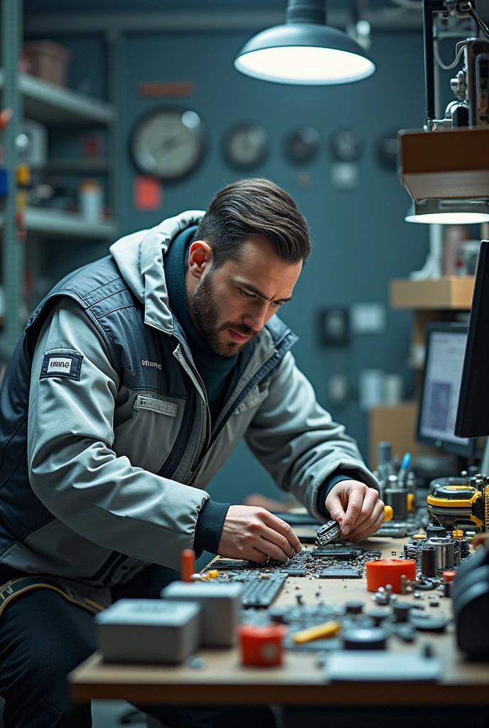 Generate a beautiful image of an engineer who invented human and animal robots surrounded by a computer and mechanical tools