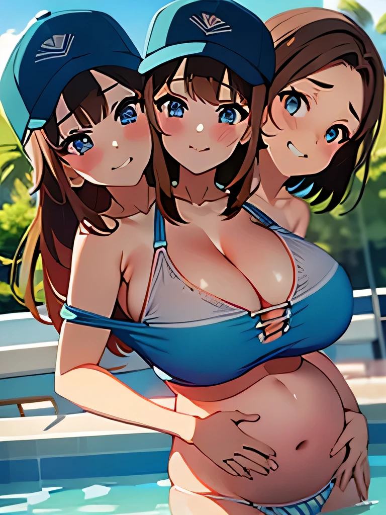 (masterpiece),(ultra-detailed), (high quality), (high resolution), (best quality:1.5, highres, UHD), highres, absurdo, ultra detail, ultra quality, Ultra resolution, 16k, ((2heads:1.5)), 1girl, anime girl with two heads, (brown hair), bikini, casual wear, pool, smiling, trending in pool, adult girl, vibrant lighting, blushing, cute giggle, looking at each other, busty breasts, kiss on cheek, long hair, pregnant, holding tummy, kissing, groping boob, peeing in panties, three breasted, drooling, gay girls, lesbian, kissing, making out, hand in panties, brown hair, blue eyes, wide shoulder, sexy girl, baseball hat, shades, playing with boobs, fondling breasts