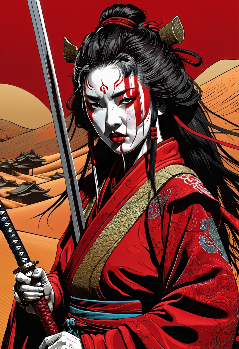 Contrast,cyberpunk samurai warrior, Red Desert Geisha, Scary Garry Trudeau style detailed face, Trending on Artstation, Female Warrior with sword, character concept