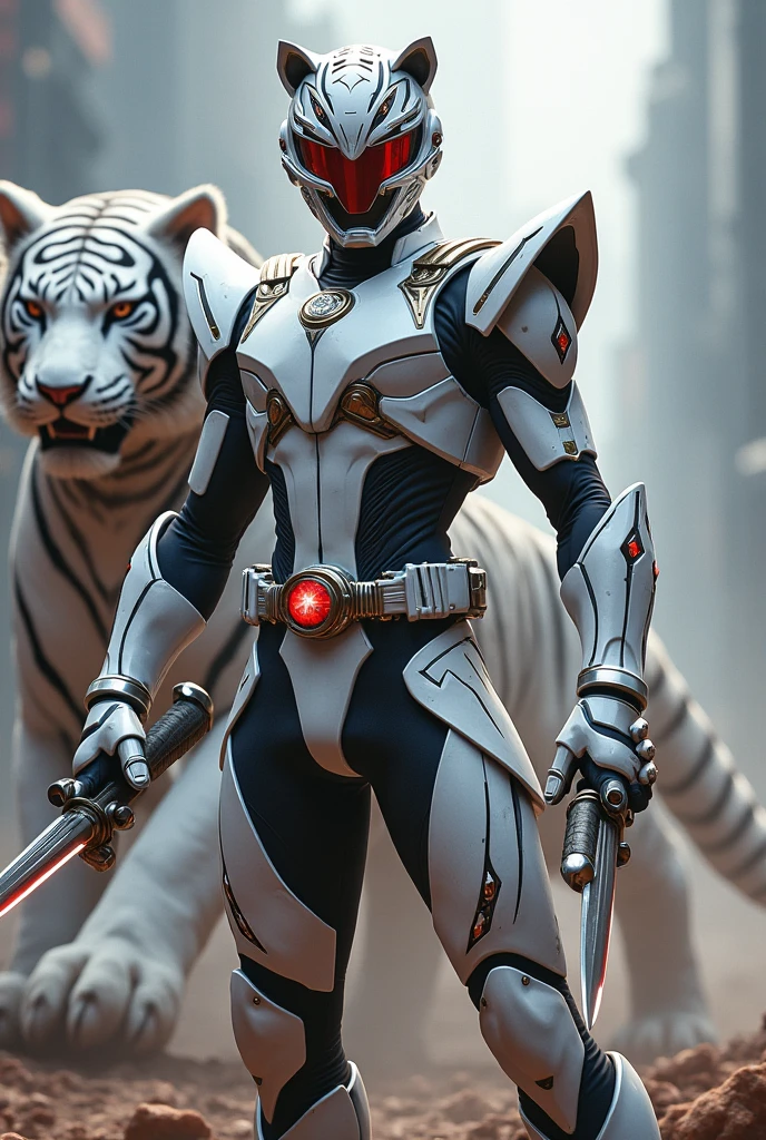 Power Ranger, White Tiger male ranger, full helmet, Full body suit + weapon dual blades dagger, with White Tiger zord 