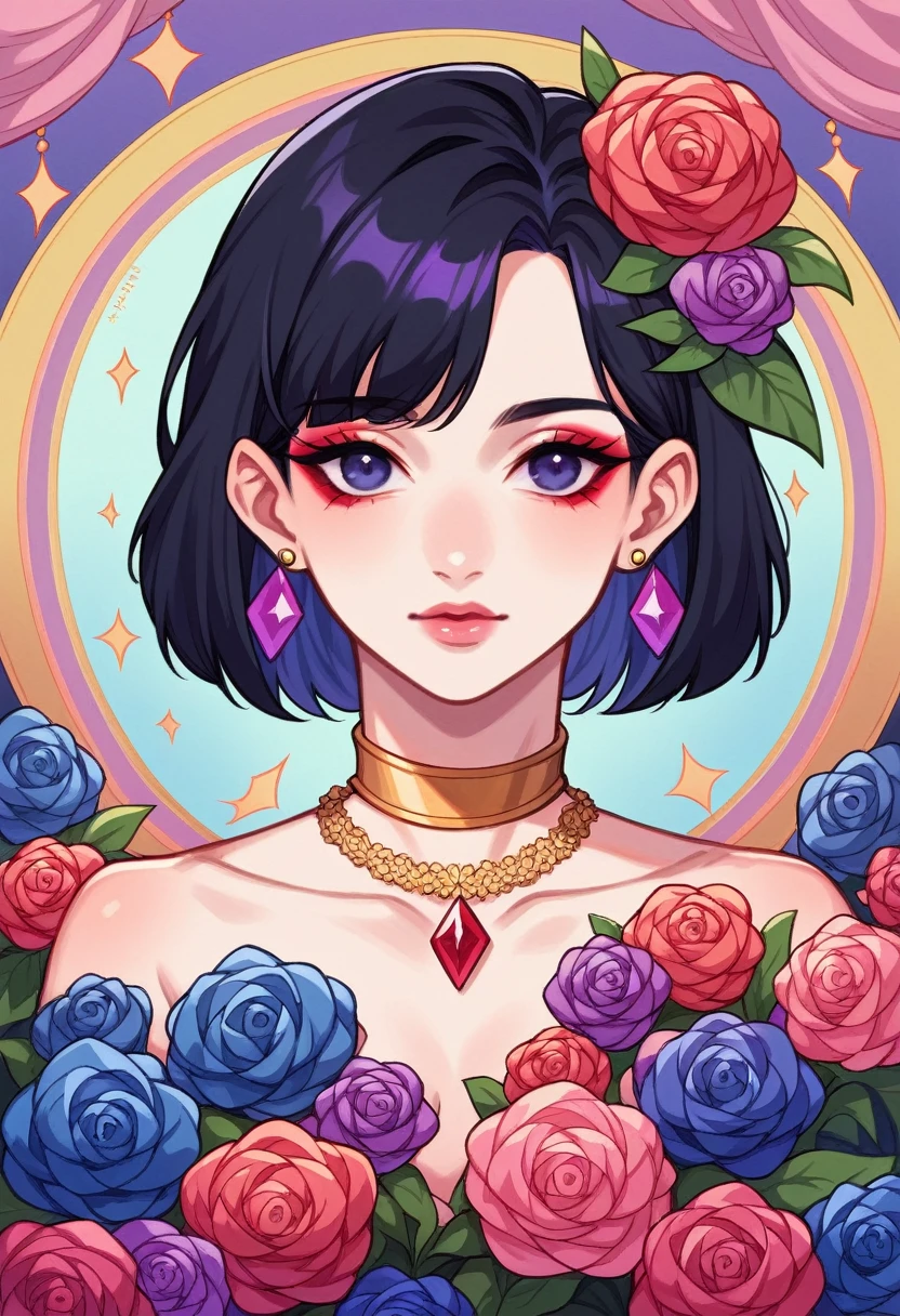 Create an elegant anime-style portrait of a young woman with short, black hair adorned with vibrant, colorful flowers, including pink and purple orchids. The woman should have a soft, delicate expression with light makeup, featuring red eyeliner and pink lips. Her gaze should be slightly downward. She is wearing a stylish, modern outfit with a semi-transparent top in pastel colors, reflecting a combination of pink, blue, and purple hues. Her accessories include a large, gold choker necklace, long blue earrings, and her nails are painted in a matching shade of blue. The background should have a soft, abstract design with warm lighting and subtle, multicolored reflections that complement the overall color scheme of the image