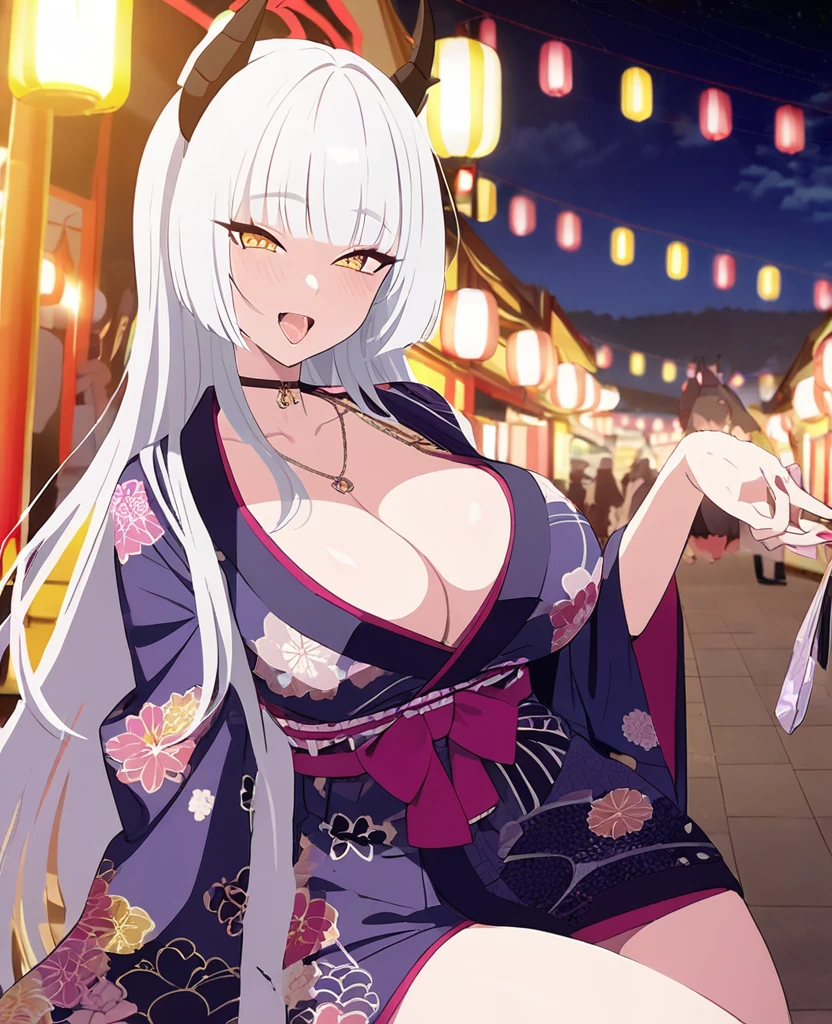 25yo woman, hime cut, light White hair, long hair, gyaru, erotic kimono, loose kimono, deep cleavage, huge breast, thicc thigh, , Japanese festival view, night time, clear view, black demon horns, (His eyes are a mix of yellow and gray, His eyes mark lust)