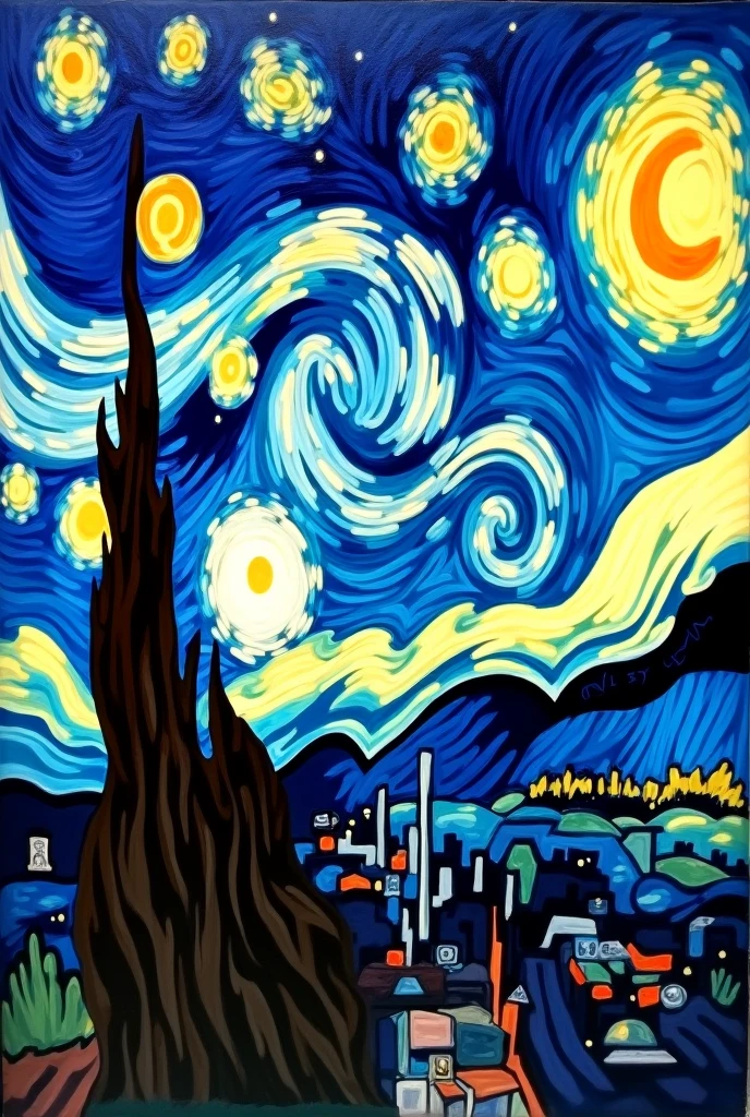van gogh's starry night by day, sun and clouds