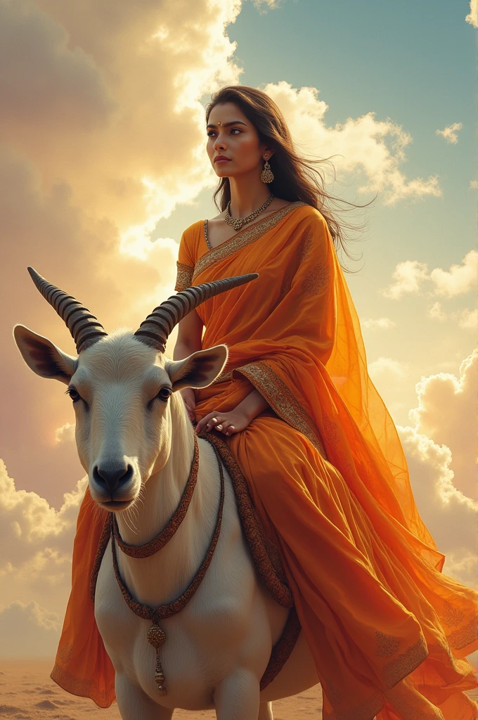 A woman is riding a goat and is fully dressed in a saree and full blouse, cover photo is heaven