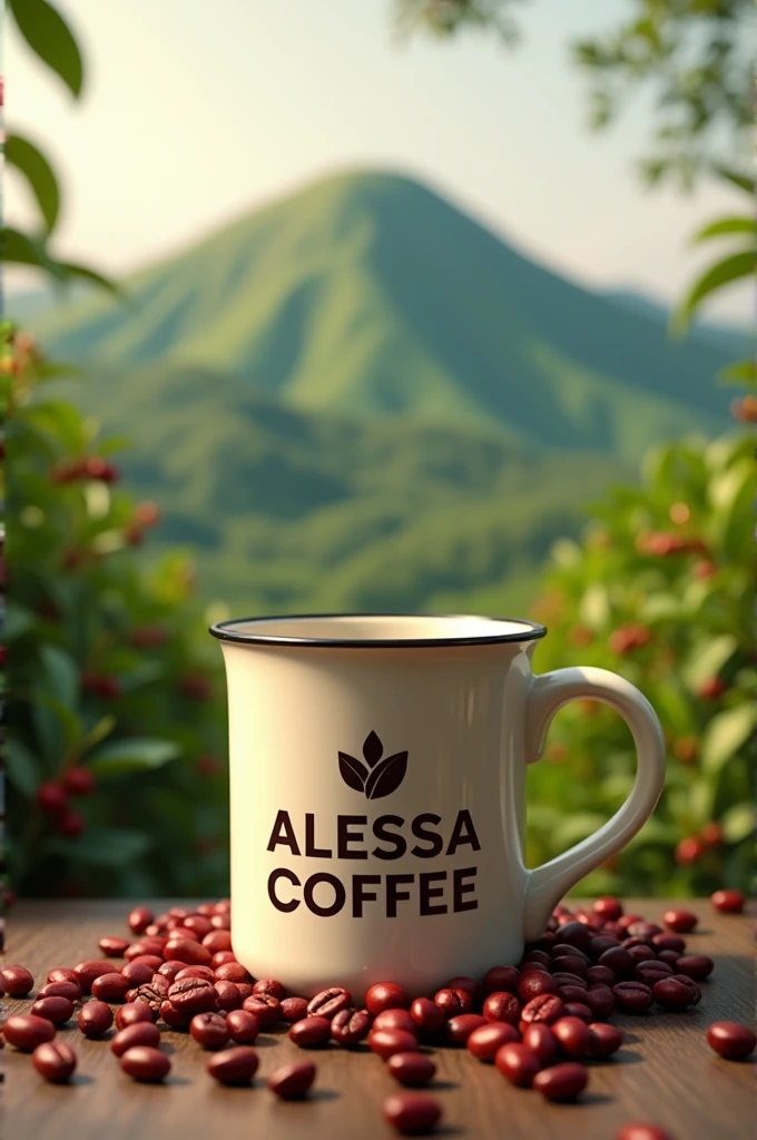 Create a coffee mug that says ALESSA COFFEE and a green mountain surrounded by coffee plants and coffee seeds in the background