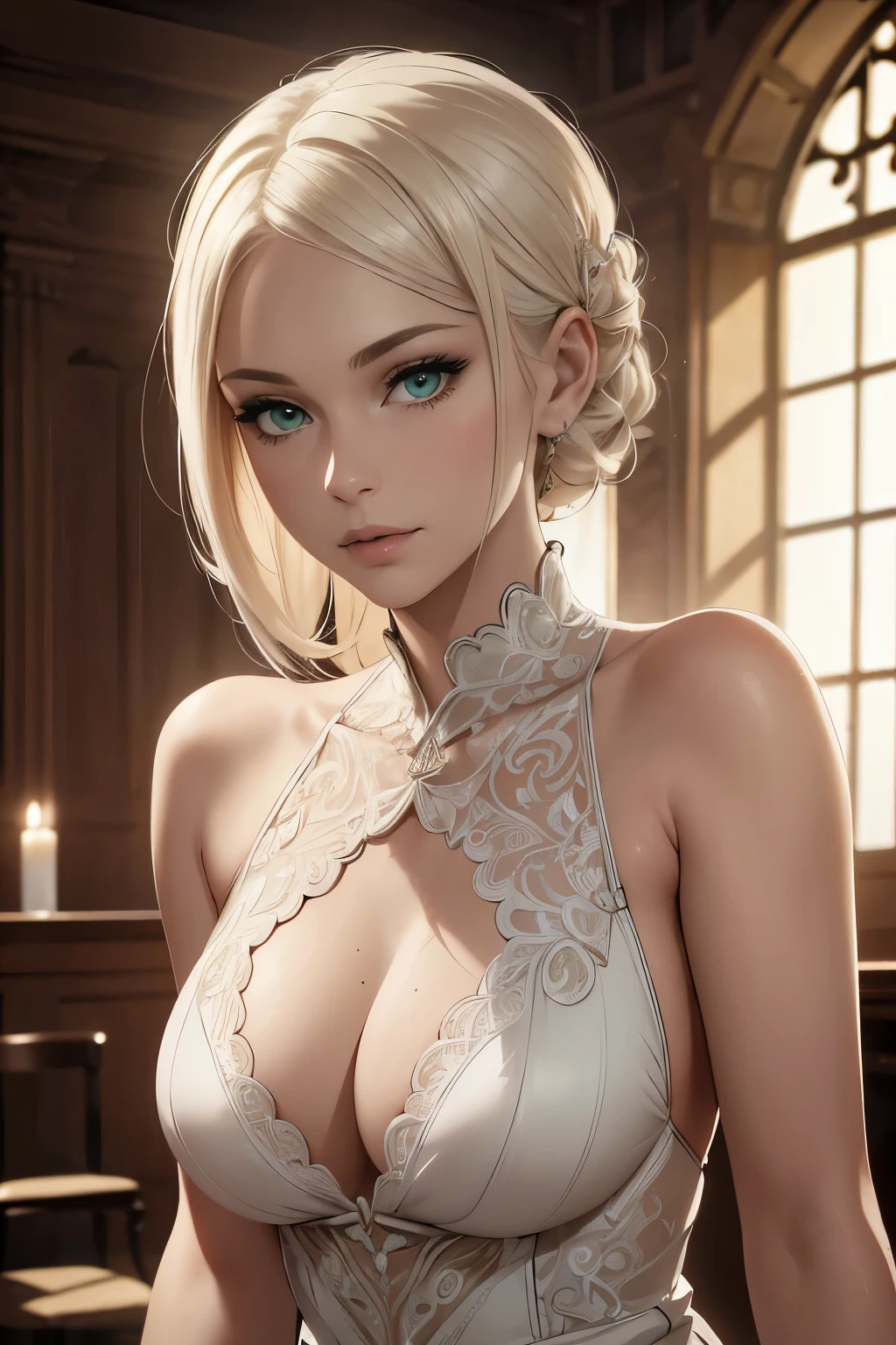 a young woman, detailed face, beautiful platinum blonde hair, delicate facial features, detailed vivid emerald green eyes and lashes, detailed nose and lips, elegant pose, full body view, detailed skin texture, flowing dress, intricate folds and patterns, soft lighting, warm color tones, cinematic composition, highly detailed, photorealistic, 8k, (best quality,4k,8k,highres,masterpiece:1.2),ultra-detailed,(realistic,photorealistic,photo-realistic:1.37)