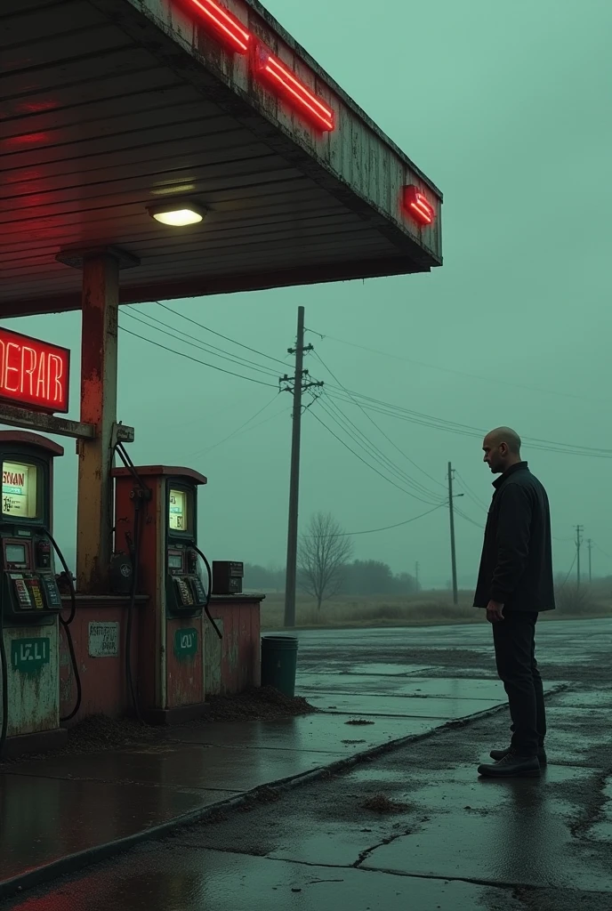 "A run-down gas station on the edge of town with suspiciously cheap gas. A bald clerk insists on making a phone call before ringing up the travelers. The scene is tense and eerie."