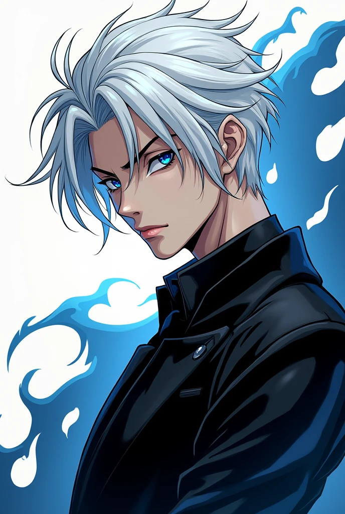 Chrollo Lucifer from Hunter X Hunter, with white hair and dark blue eyes, make the drawing in manga style, make him in a sideways pose, don't forget to make his eyes a very dark blue , and the outfit with an elegant black suit