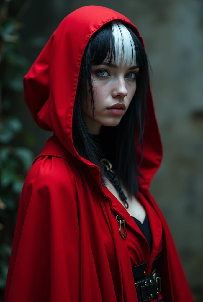 pale white skin blue eyes with black and white hair red cape and red clothes elegant gothic and wearing red hood