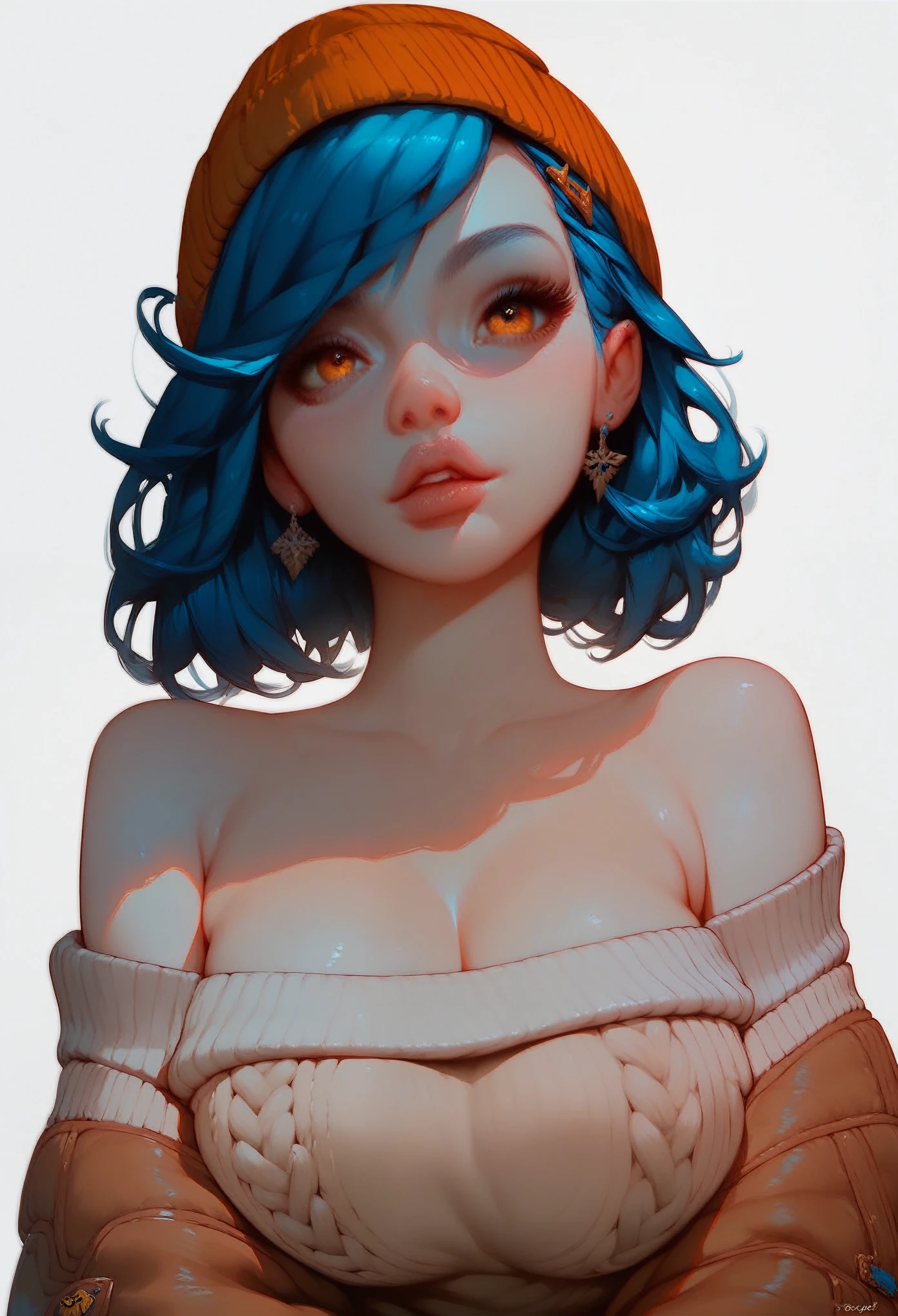 (score_9, score_8_up, score_7_up, score_6_up, score_5_up, score_4_up), 1girl, amber eyes, blue hair, rounded big breasts, wearing beanie, off-shoulder sweater, NPG