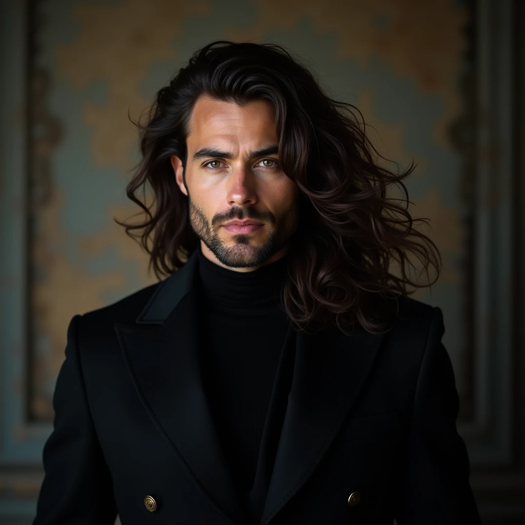 imagine a perfectly attractive 40 year old man. with a hypnotic beauty. Nordic man with flowing hair on his shoulder in an elegant black outfit in an enchanted atmosphere setting