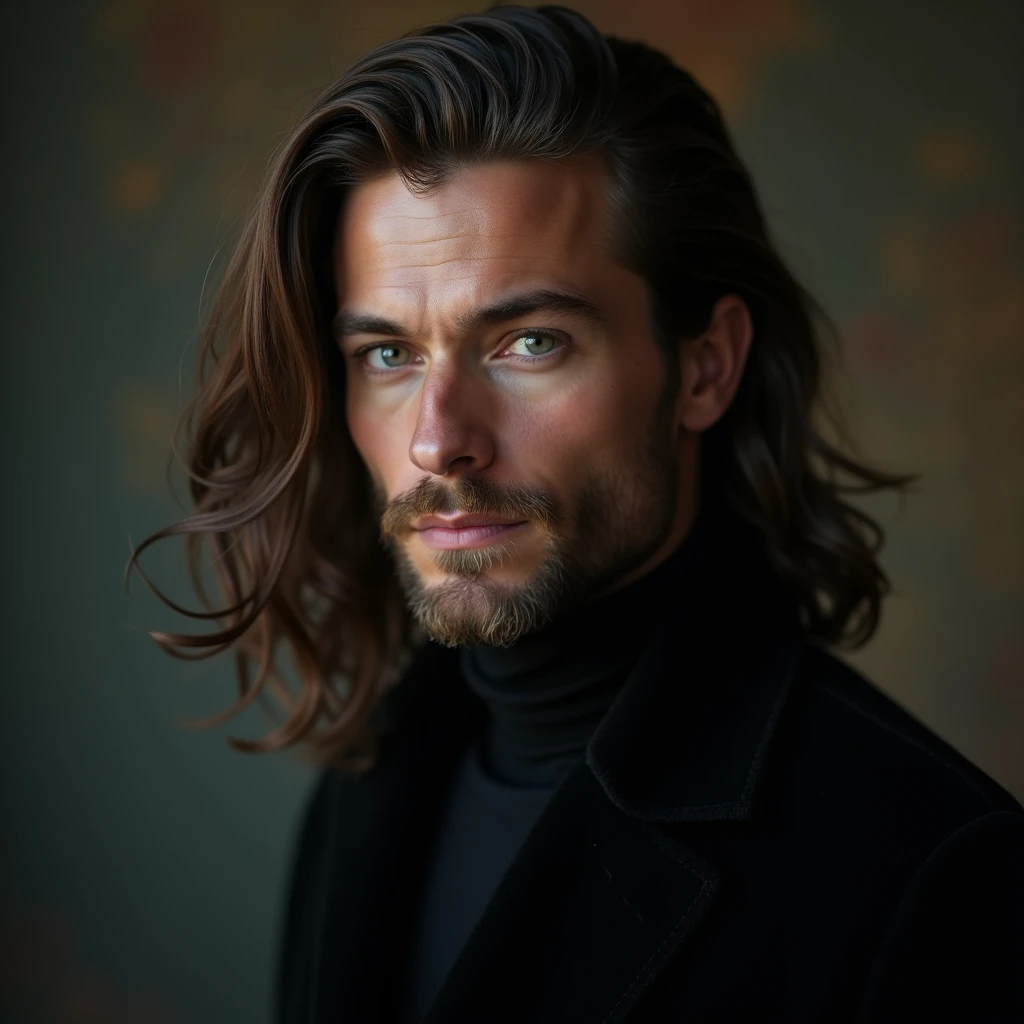 imagine a perfectly attractive 40 year old man. with a hypnotic beauty. Nordic man with flowing hair on his shoulder in an elegant black outfit in an enchanted atmosphere setting