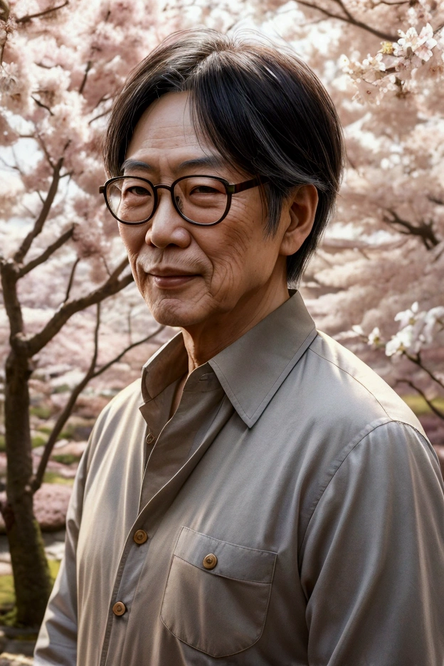 a kindly japanese grandfather with glasses, detailed facial features, warm smile, kind eyes, wearing a casual button-up shirt, standing in a traditional japanese garden with cherry blossom trees, birds in the background, soft lighting, muted color palette, (best quality,4k,8k,highres,masterpiece:1.2),ultra-detailed,(realistic,photorealistic,photo-realistic:1.37),intricate details,natural lighting,cinematic,portrait,highly detailed,warm tones,depth of field