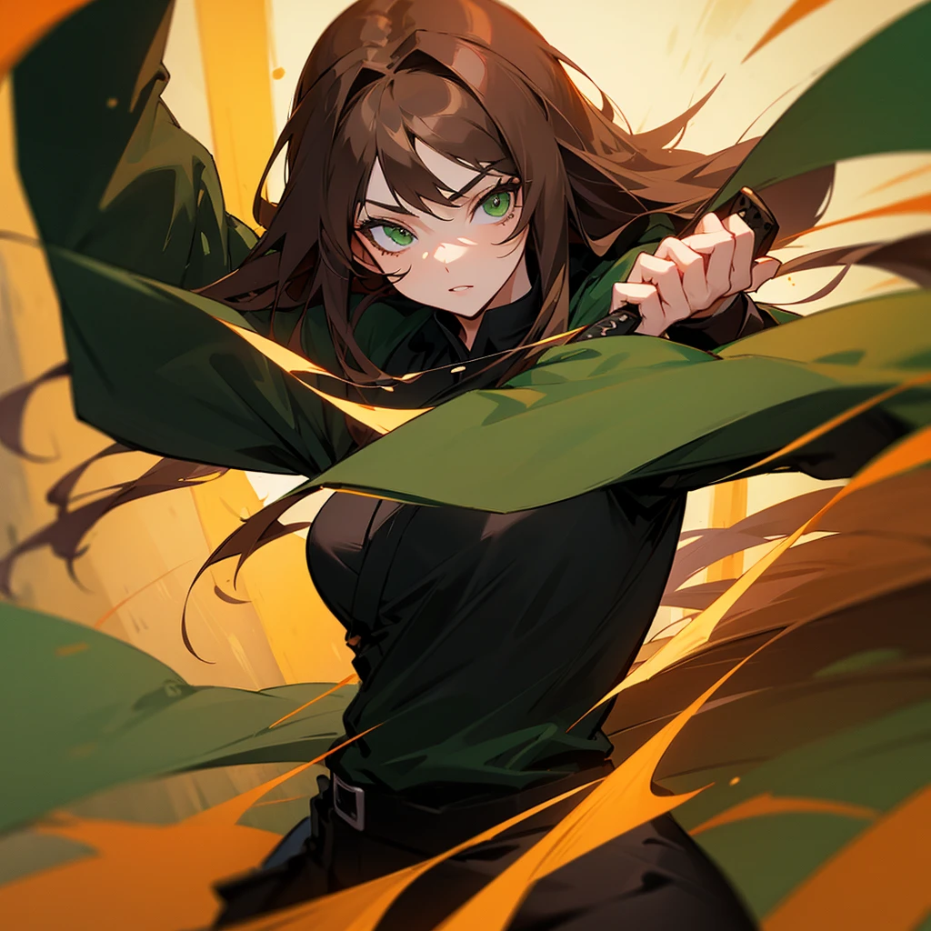woman with long brown hair and green eyes and black clothes holding a katanas