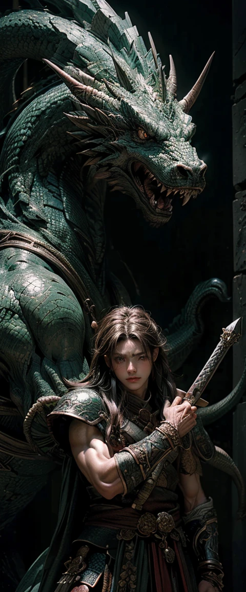 ((Masterpiece, highest quality, highest image quality, high resolution, realistic, raw photo, 8a)), Dungeons & Dragons, large stone hall, male warrior with a hemmet on his head Dragon fights with a giant dragon that breathes fire,