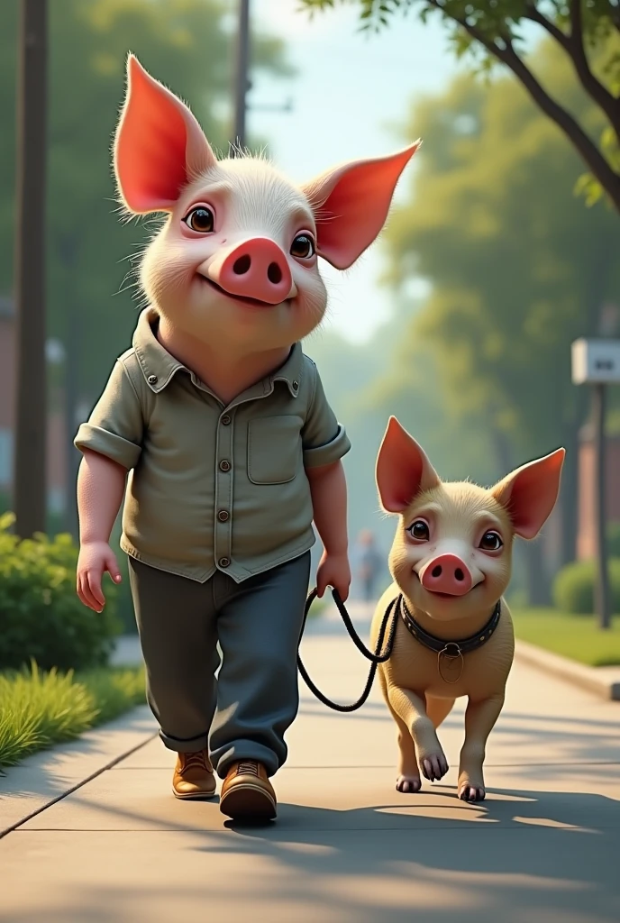 A realistic humanoid pig walking a realistic humanoid dog