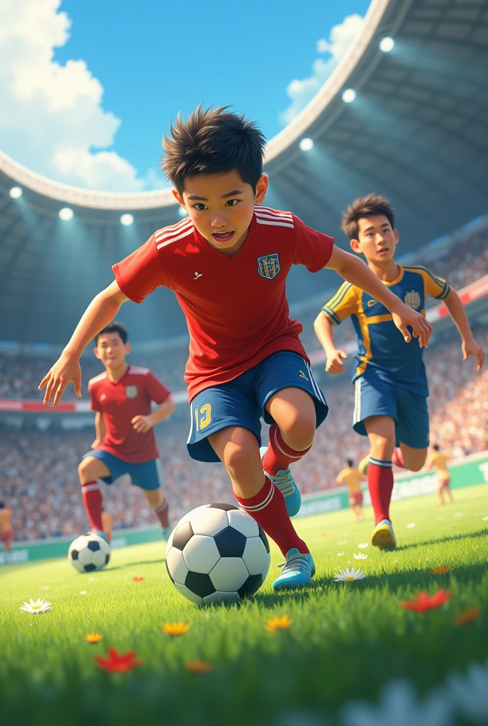 Several Asian male soccer players play monkey ball.